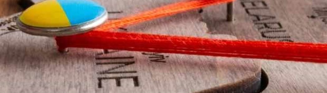 Pins with flags and threads on the wooden maps demonstrate Russia and Belarus aggression in Ukraine